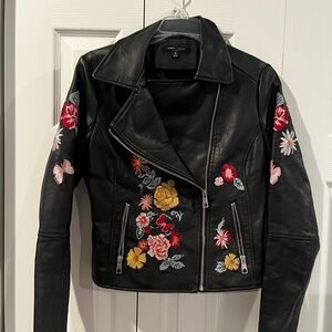 Romeo & Juliet Couture Black Faux Leather Floral Embroidered Moto Jacket